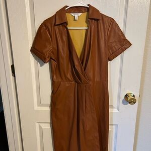 Nine West Cognac Faux-Leather Midi Wrap-Style Dress